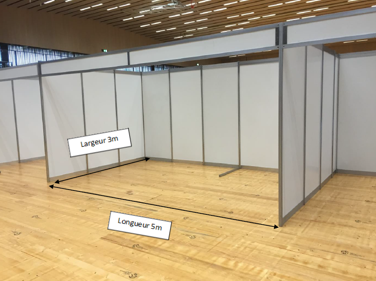 Schéma du stand vu de dessus : devant, derrière, côté gauche, côté droit